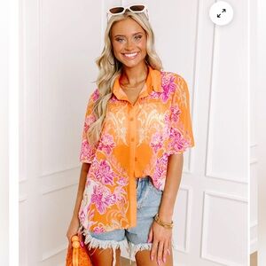 Flying tomato Floral Orange and Pink Women's button down Top.